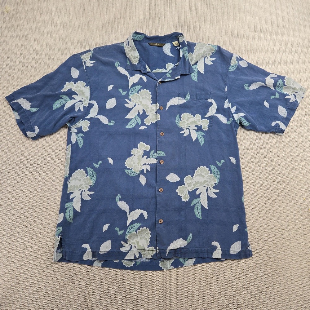 Tommy Bahama Silk Shirt Mens Extra Large Blue Floral Hawaiian Beach Short Sleeve